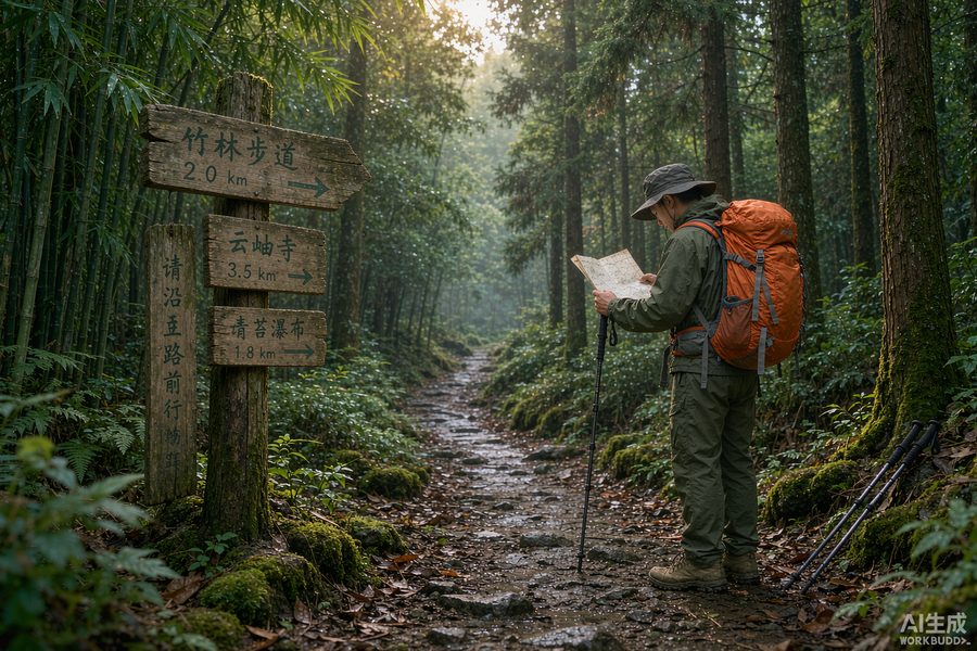 迷路：森林岔路口停下看地图辨认方向